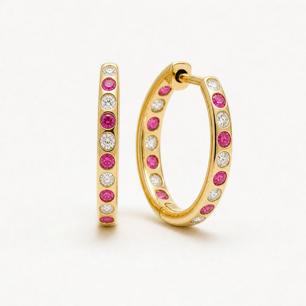 Diamond & Pink Sapphire Hoop Earrings