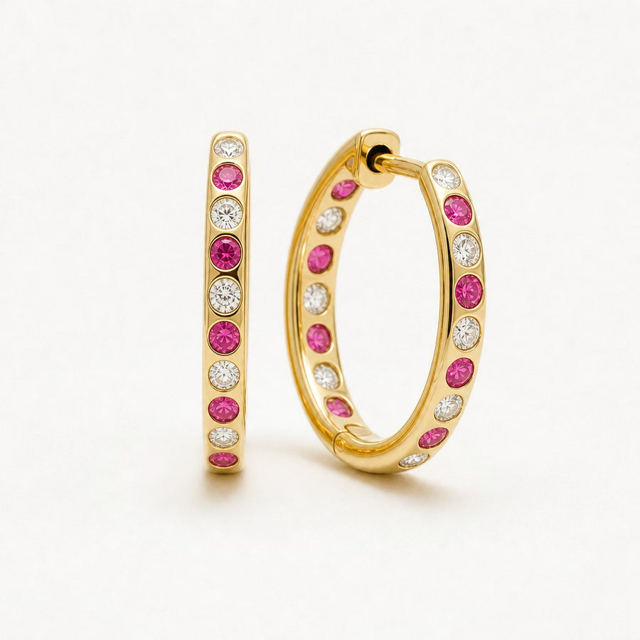 Diamond & Pink Sapphire Hoop Earrings