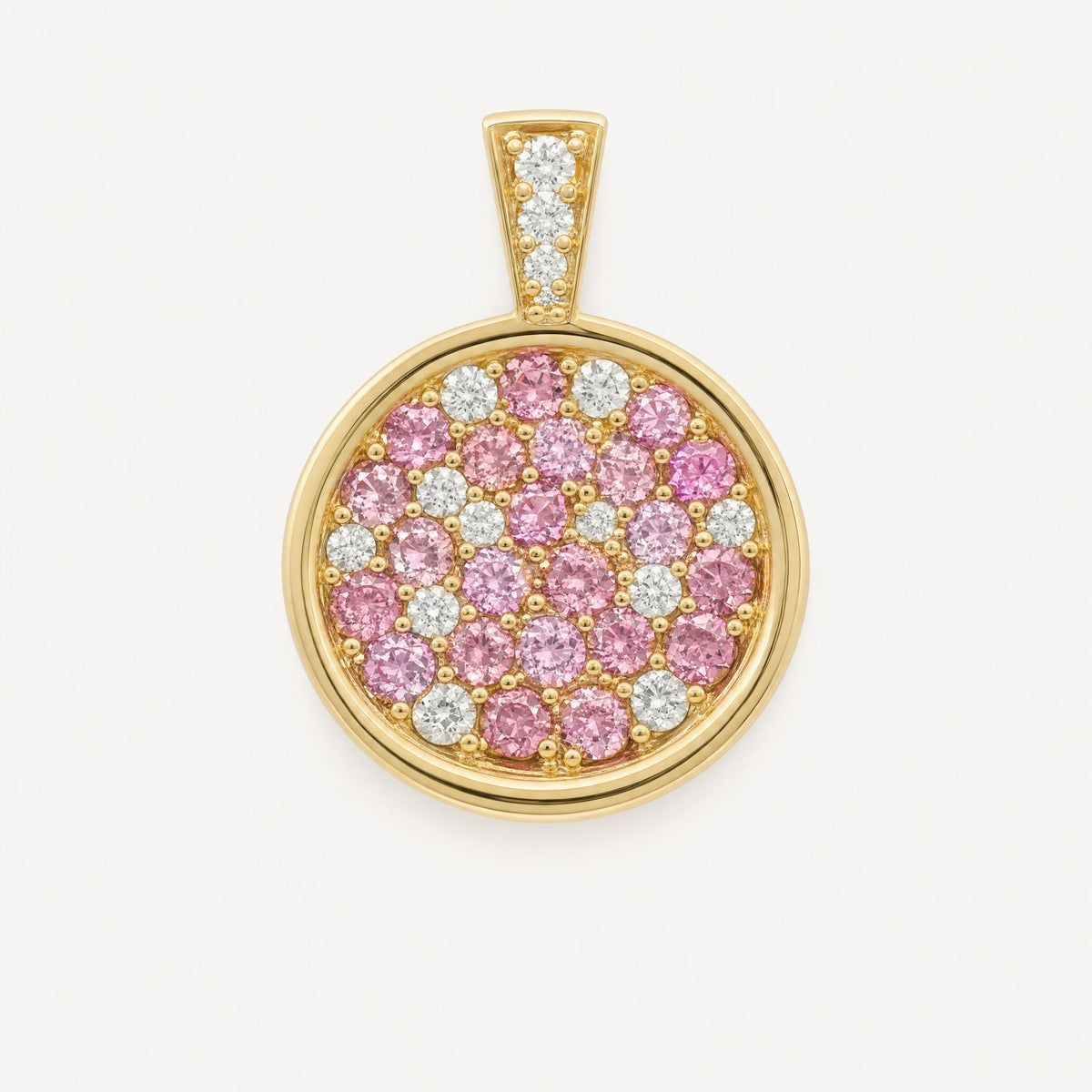 Pink Sapphire Mosaic Coin Pendant in 14k yellow gold
