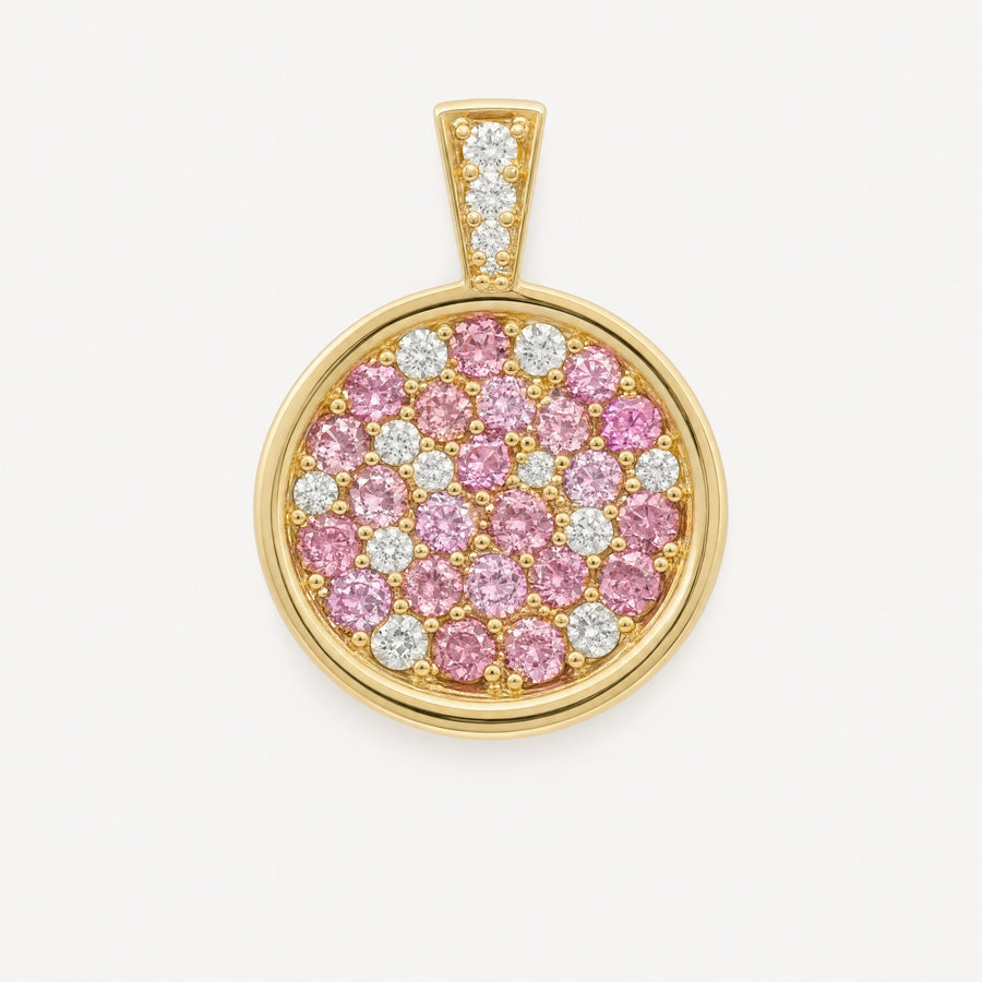 Pink Sapphire Mosaic Coin Pendant in 14k yellow gold