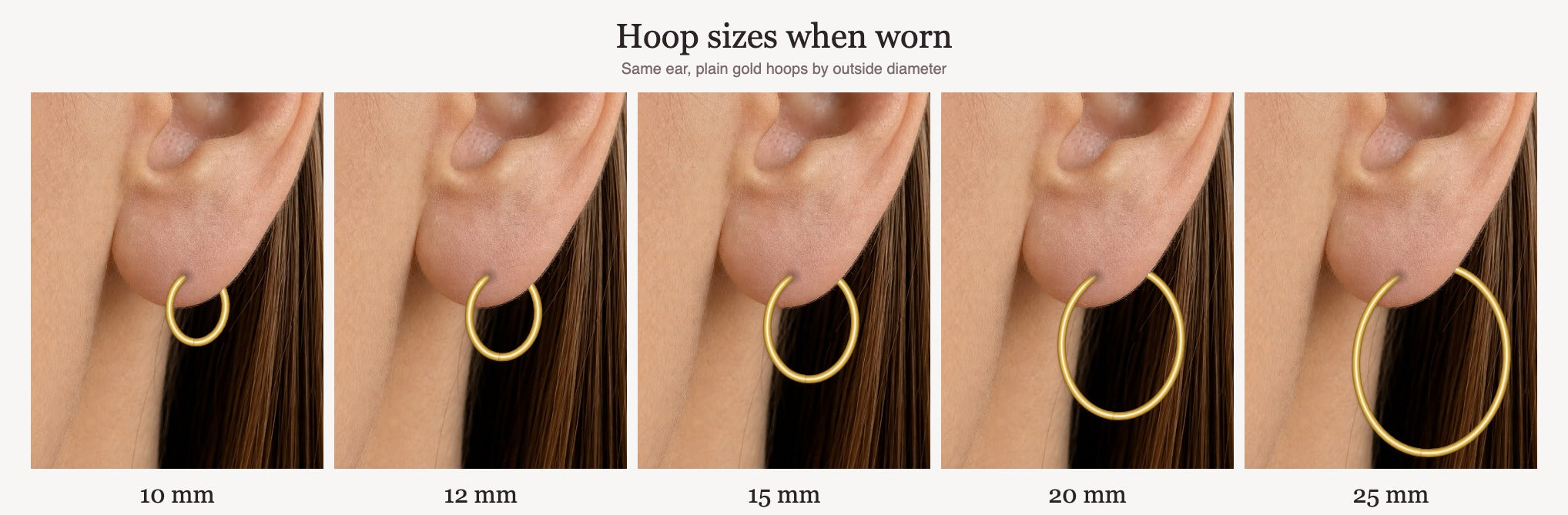 The same ear wearing plain gold hoops at 10, 12, 15, 20 and 25mm