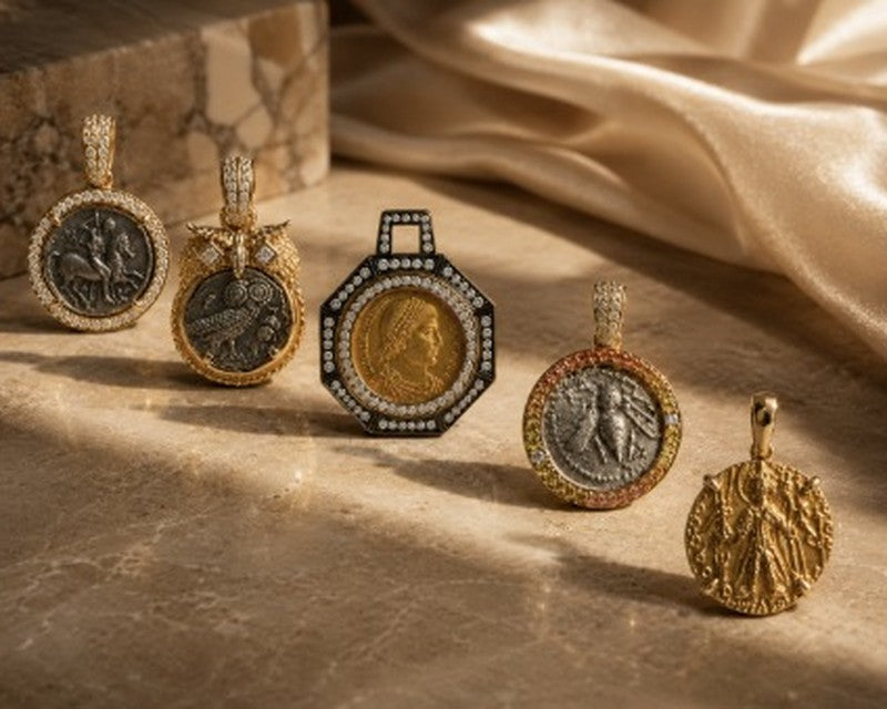Five ancient coin pendants set in gold and diamonds