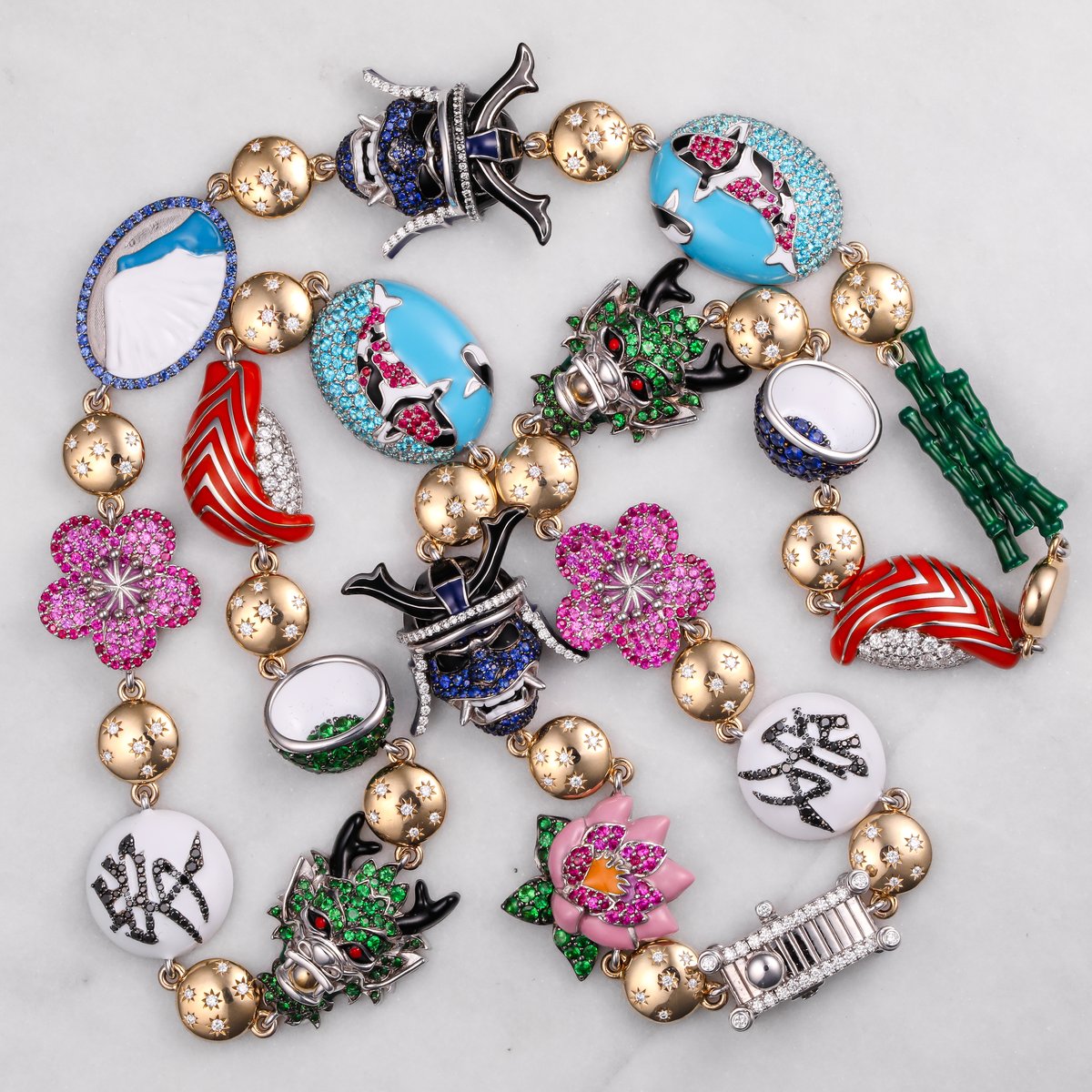 Custom Japan-themed charm necklace with enamel and gemstone dragons, koi, samurai and blossoms