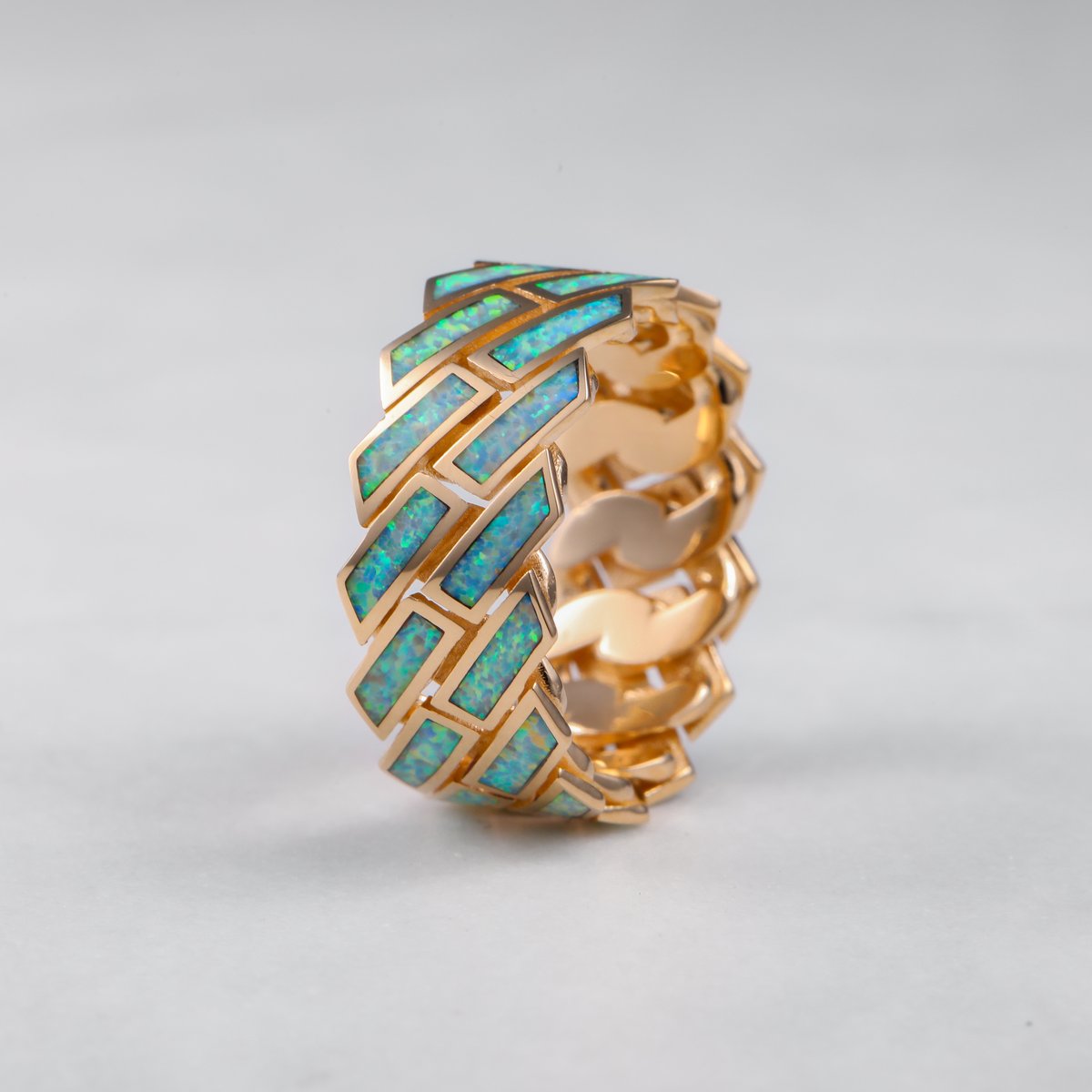 Custom rose gold Cuban link ring inlaid with opal
