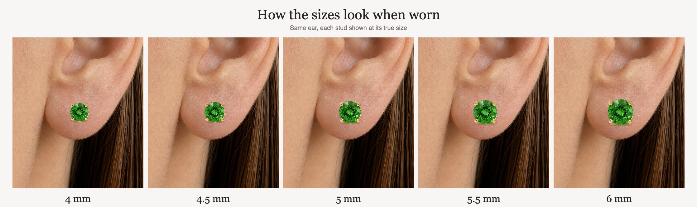The same ear wearing studs at 4, 4.5, 5, 5.5 and 6mm